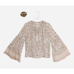 Lovestitch Women’s Top S Beige Pink Boho Print Tassel Neck Bell Sleeve 🌸